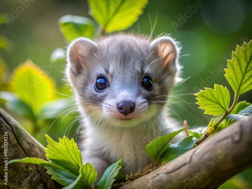 Adorable ball of fluff: a curious weasel cub with big round eyes, soft gray fur, and tiny paws, peeking out from behind a leafy branch. photo