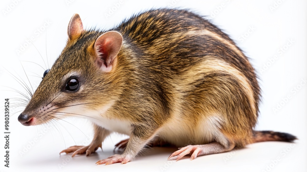 Close-up of a solitary bandicoot, its distinctive striped fur and pointed snout showcased against a clean white background, creating a striking isolated image. Close-up of a solitary bandicoot, its distinctive striped fur and pointed snout showcased against a clean white background, creating a striking isolated image.