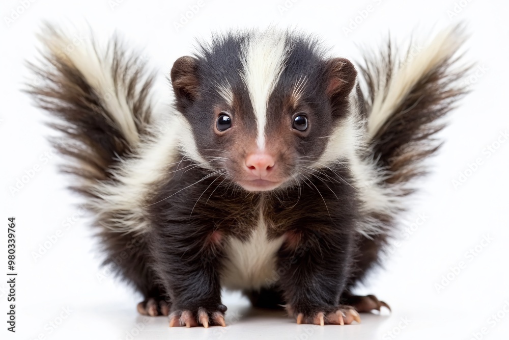 Adorable baby skunk with soft, curled fur and fluffy tail, standing upright, looking directly at camera, isolated on pure white background with claws visible. Adorable baby skunk with soft, curled fur and fluffy tail, standing upright, looking directly at camera, isolated on pure white background with claws visible.