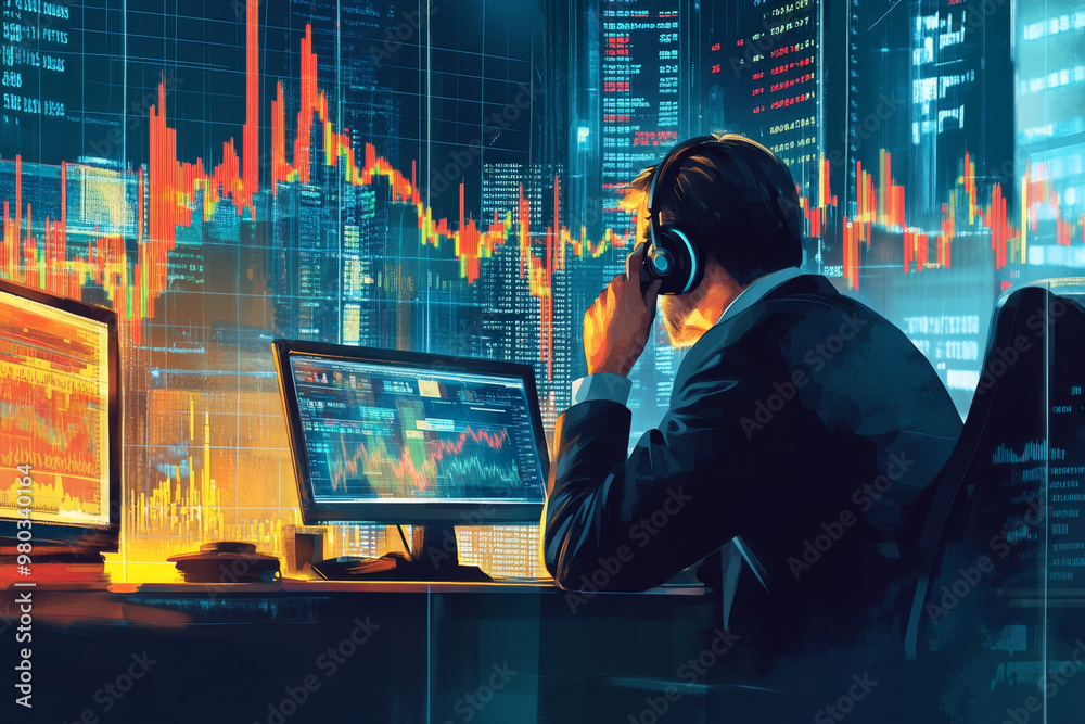 A businessman with a desk filled with reports and charts of stock market A businessman with a desk filled with reports and charts of stock market