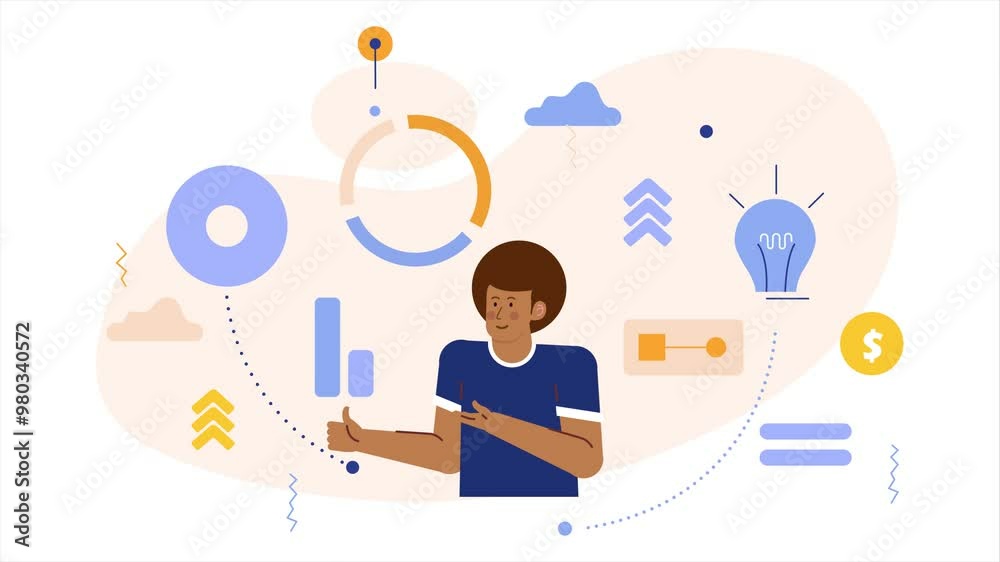 Creative animation of a young person surrounded by ideas and technology illustration business animated video Creative animation of a young person surrounded by ideas and technology illustration business animated video