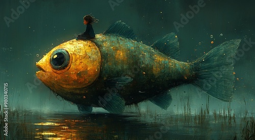 Surreal girl riding giant goldfish underwater