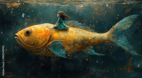 Surreal girl riding giant goldfish underwater