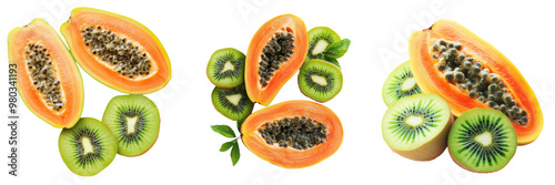 Fresh and vibrant slices of papaya and kiwi arranged beautifully, showcasing their colorful and nutritious appeal. transparent background