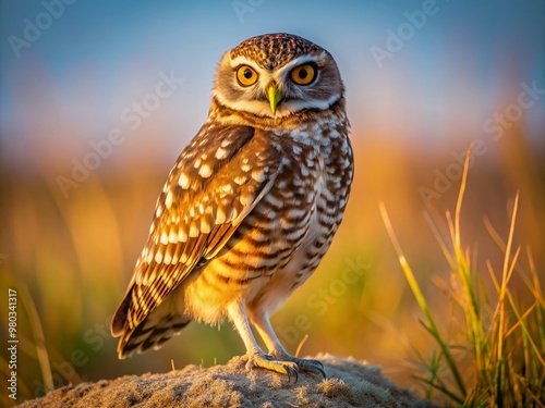 A majestic brown burrowing owl perches on a sun-kissed prairie knoll, golden eyes scanning the horizon, wispy feathers rustling in the gentle breeze.