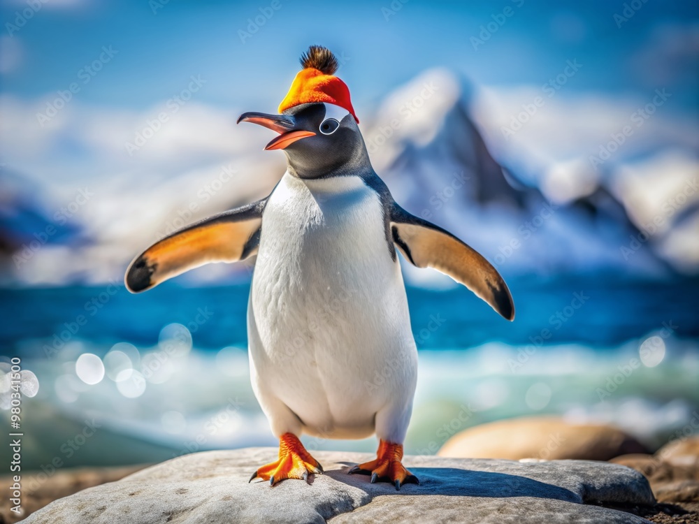 Fototapeta premium Flamboyant penguin flaunts its funky hip-hop moves with swagger, spinning and flipping to the beat in a colorful, energetic, and humorous Antarctic scene.