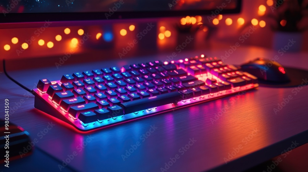 A colorful gaming keyboard with vibrant backlighting on a desk. A colorful gaming keyboard with vibrant backlighting on a desk.