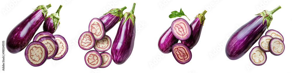 custom made wallpaper toronto digitalFresh eggplants sliced and whole, showcasing their vibrant purple skin, perfect for culinary and health-related projects. transparent background