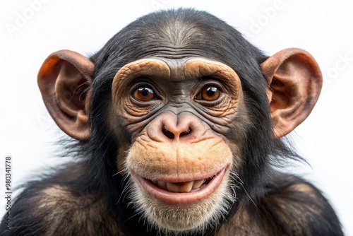 Adorable funny chimpanzee with a cheeky grin and bright inquisitive eyes poses against a clean white background, showcasing its playful and mischievous personality.