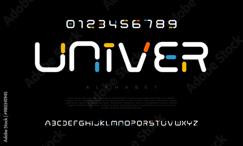 Univer creative modern geometric urban alphabet font. Digital abstract futuristic, game, techno, robot, music, logo, sport, minimal technology typography. Simple numeric vector illustration