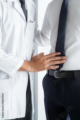 Doctor tapping gently on a patient s abdomen to check for tenderness, abdominal health, routine checkup photo