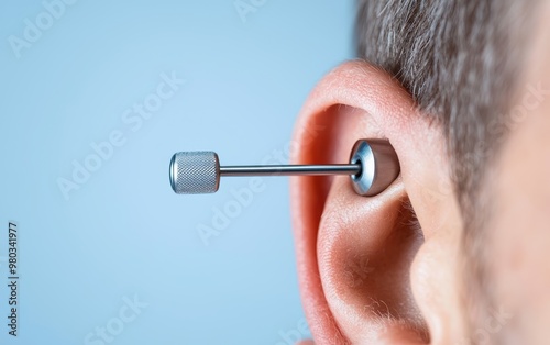 Doctor using a tuning fork next to a patient s ear for a hearing test, hearing check, ear health photo