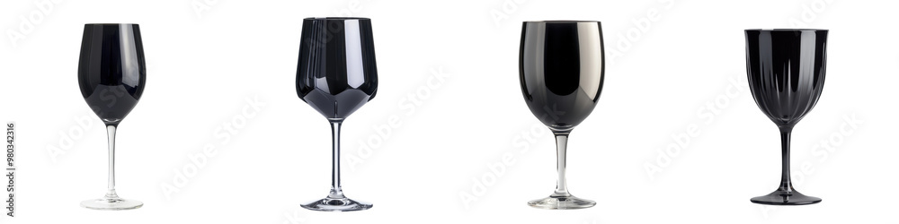Set of elegant black wine glasses displayed on a clean background, perfect for upscale dining or event themes. transparent background Set of elegant black wine glasses displayed on a clean background, perfect for upscale dining or event themes. transparent background