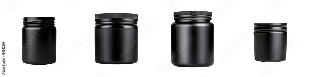 Set of four black jars with varying sizes and shapes, ideal for packaging, storage, or product presentation. transparent background Set of four black jars with varying sizes and shapes, ideal for packaging, storage, or product presentation. transparent background