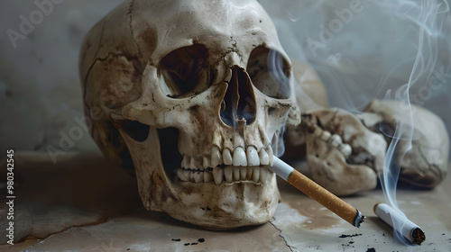 A still life of a skull smoking a cigarette vividly represents the harmful toxins people ingest through smoking, suggesting a direct path toward death. photo