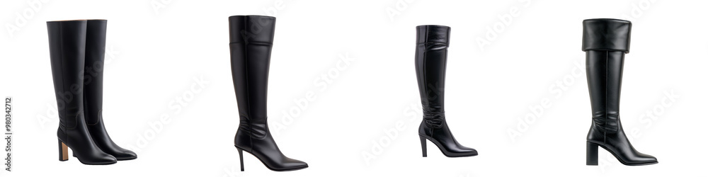 Stylish black knee-high boots with elegant design, perfect for any fashionable outfit and versatile for various occasions. transparent background Stylish black knee-high boots with elegant design, perfect for any fashionable outfit and versatile for various occasions. transparent background