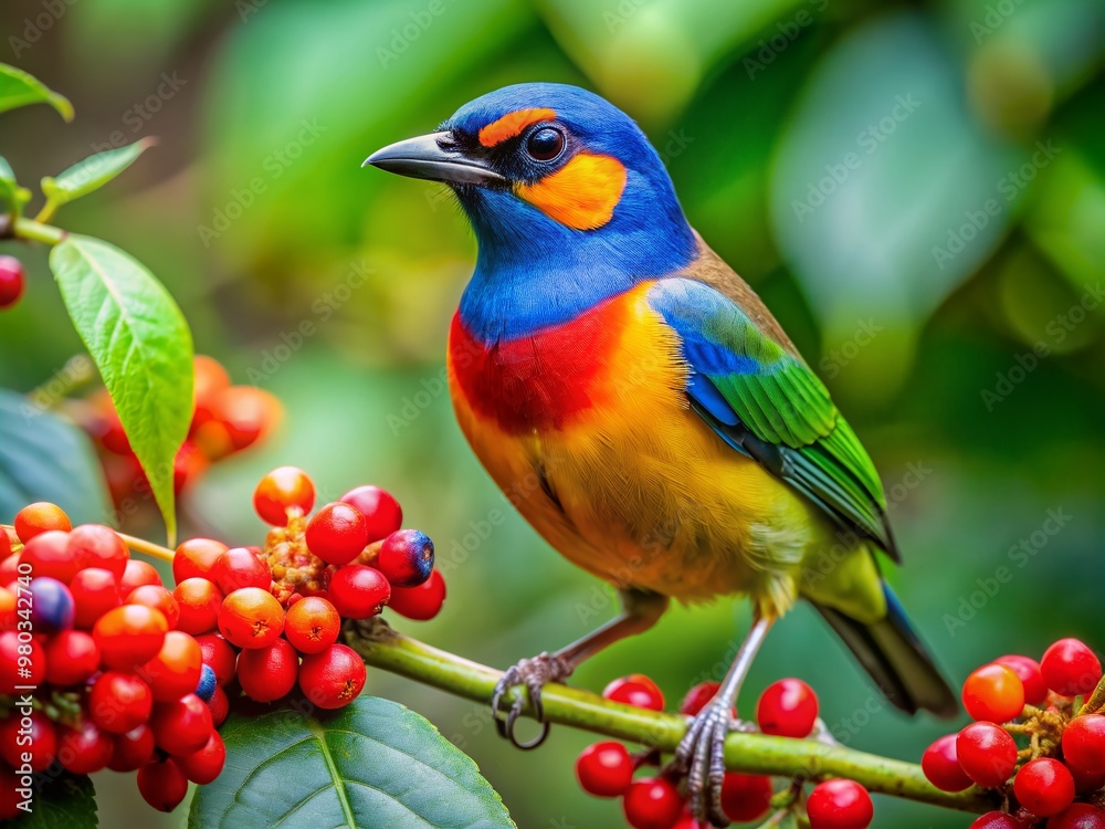 Vibrant bird with bright red beak and radiant blue-yellow plumage perches on a branch laden with juicy berries, amidst lush foliage and stunning natural beauty. Vibrant bird with bright red beak and radiant blue-yellow plumage perches on a branch laden with juicy berries, amidst lush foliage and stunning natural beauty.