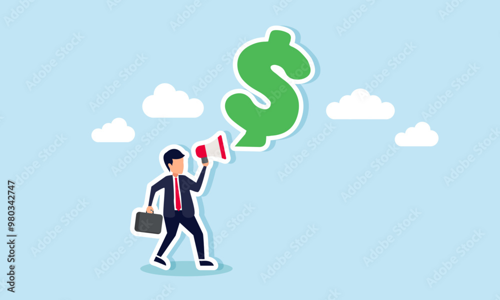 A businessman with a megaphone talking and showing a dollar speech bubble, illustrating an entrepreneurs promotion or campaign in managing investment capital A businessman with a megaphone talking and showing a dollar speech bubble, illustrating an entrepreneurs promotion or campaign in managing investment capital