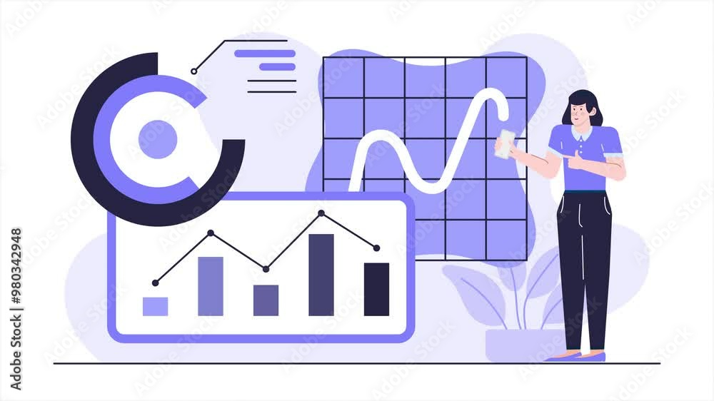 Abstract illustration of a person analyzing data with charts and graphs representing business growth and data analysis concepts business animated video Abstract illustration of a person analyzing data with charts and graphs representing business growth and data analysis concepts business animated video