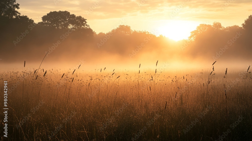Bright sunlight breaks through a morning fog, illuminating a tranquil meadow filled with tall grasses. The soft glow creates a serene atmosphere, capturing the essence of a peaceful dawn. Bright sunlight breaks through a morning fog, illuminating a tranquil meadow filled with tall grasses. The soft glow creates a serene atmosphere, capturing the essence of a peaceful dawn.