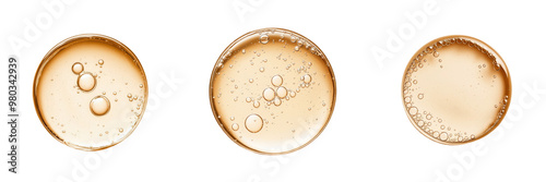 Three circular petri dishes showcasing bubbles in a clear liquid, ideal for scientific or culinary presentations. transparent background