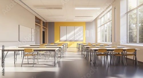 High school classroom with rectangular tables and chairs, white walls, windows on the right side photo