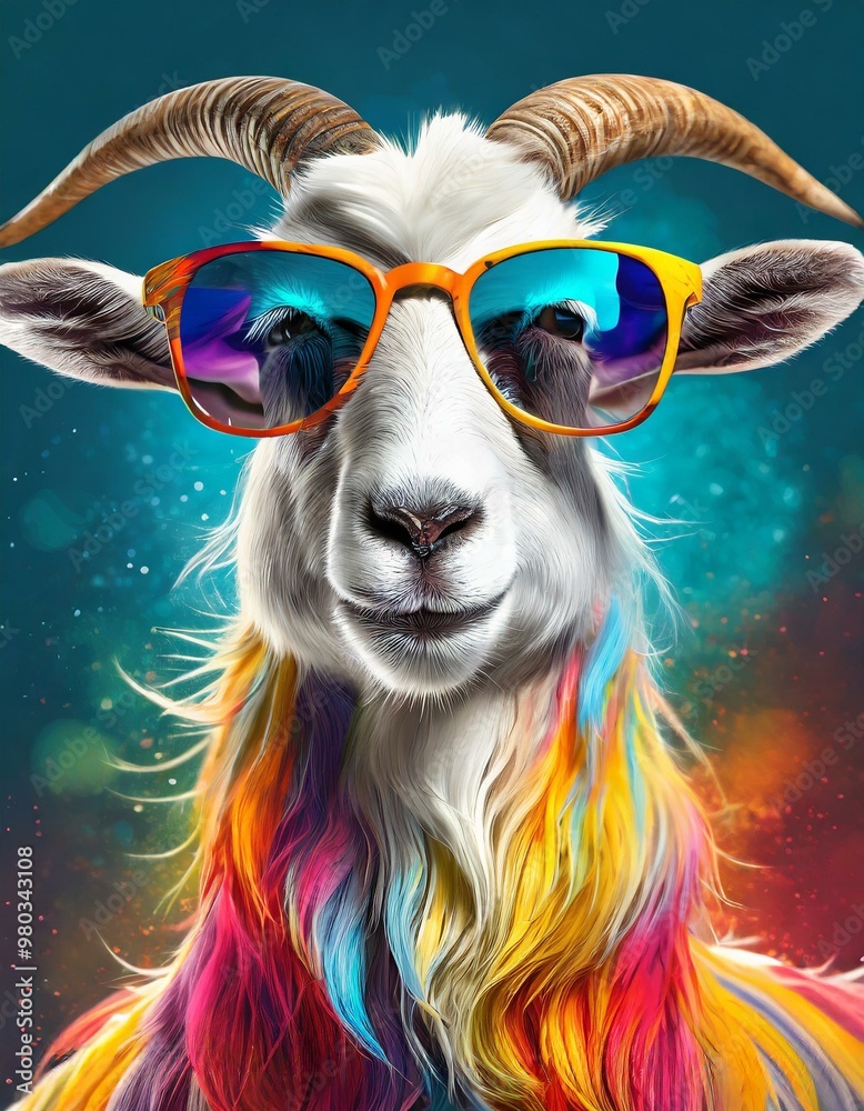colorful happy goat with sunglasses