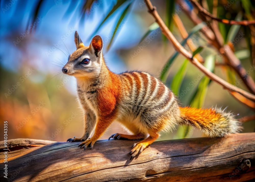 Vibrant numbat, Western Australia's unique emblem, perches on a eucalyptus branch, its distinctive stripes and orange feathers glistening in the warm Australian sunlight. Vibrant numbat, Western Australia's unique emblem, perches on a eucalyptus branch, its distinctive stripes and orange feathers glistening in the warm Australian sunlight.