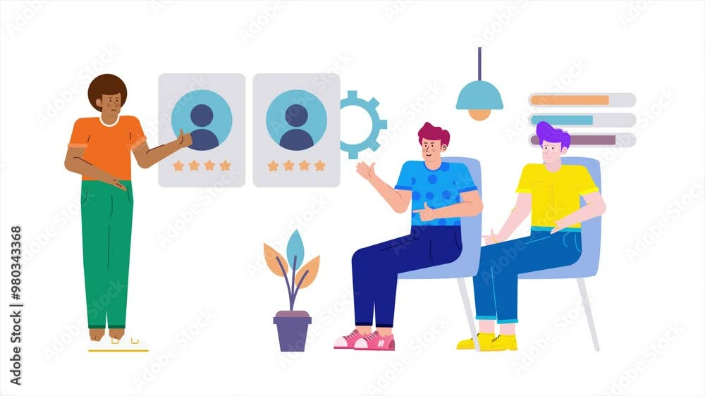 people reviewing employee profiles with a focus on team discussion and feedback engaging and colorful representation of workplace interaction business animated video