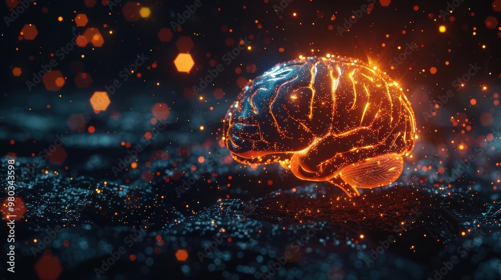Glowing human brain surrounded by vibrant orange lights, representing neural activity or energy Glowing human brain surrounded by vibrant orange lights, representing neural activity or energy