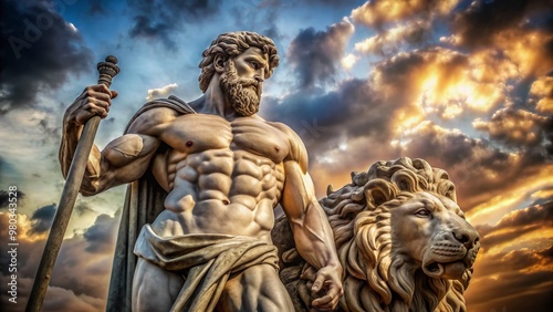 Majestic stone statue of Hercules, demigod of Greek mythology, stands proudly with lion's skin draped over shoulder and club in hand, exuding strength and power. photo