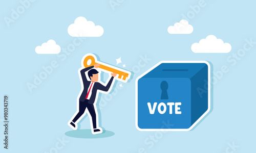 A businessman holding a key trying to open a vote box, illustrating the right to exercise a veto in making a choice