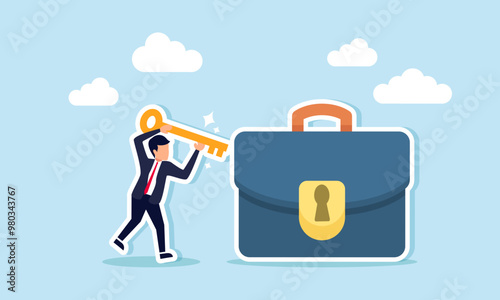 A businessman holding a key trying to open a briefcase, illustrating the authority to approve a task