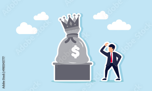 A businessman puzzled by a crowned money bag statue, illustrating an entrepreneur’s wealth seeming stagnant due to unproductive assets