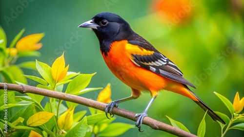 Vibrant orange and black Baltimore oriole perches on a delicate branch amidst lush green foliage, its bright plumage and subtle feathers on full display.