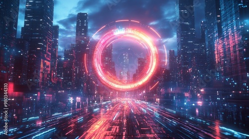 A futuristic neon wheel rotating above a digital cityscape, the wheel's sections glowing with the colors of the four seasons, signifying the passage of time