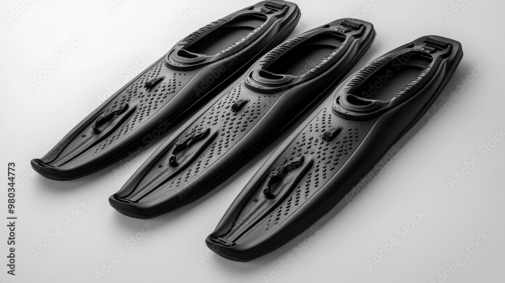 Three pairs of black swim fins arranged in a row. Three pairs of black swim fins arranged in a row.