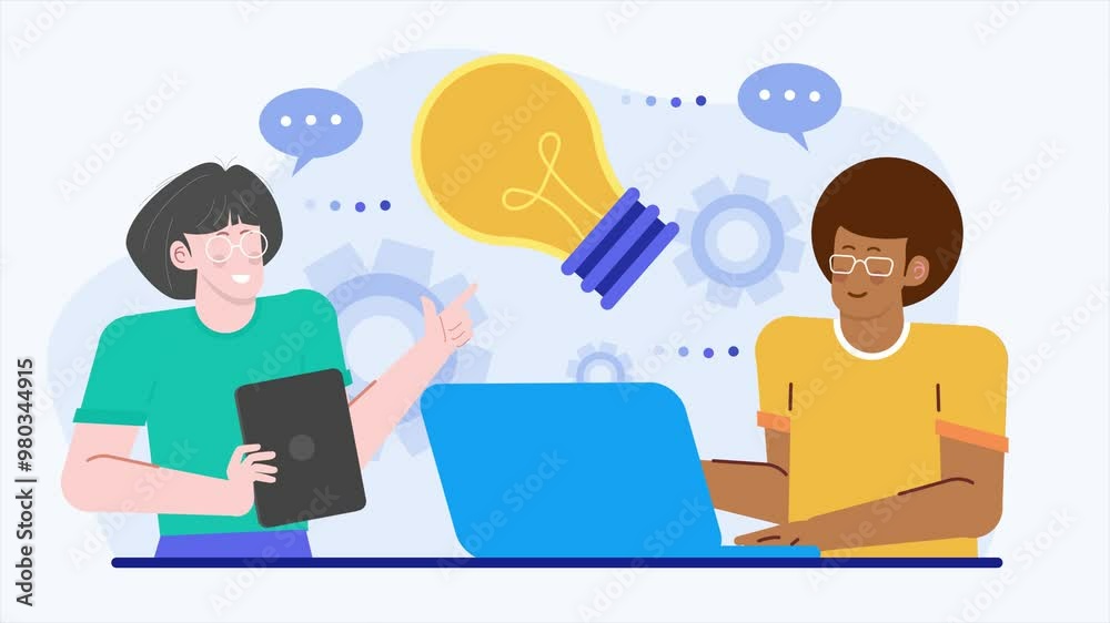Team brainstorming session with bright ideas and collaboration in a modern workspace setting illustration business animated video