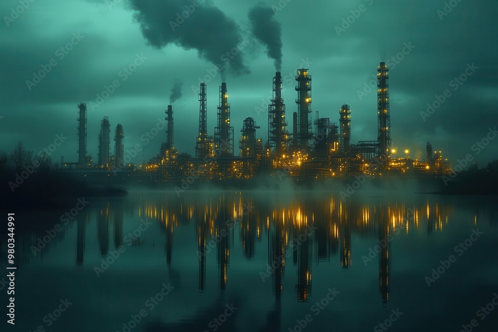 industrial refinery illuminated at night maze of pipes towers and tanks dramatic contrast between dark sky and glowing structures reflections in nearby water industrial refinery illuminated at night maze of pipes towers and tanks dramatic contrast between dark sky and glowing structures reflections in nearby water