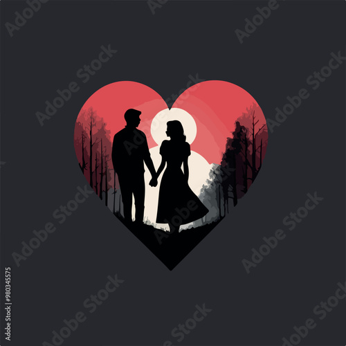 A silhouette of a couple holding a heart shaped heart
