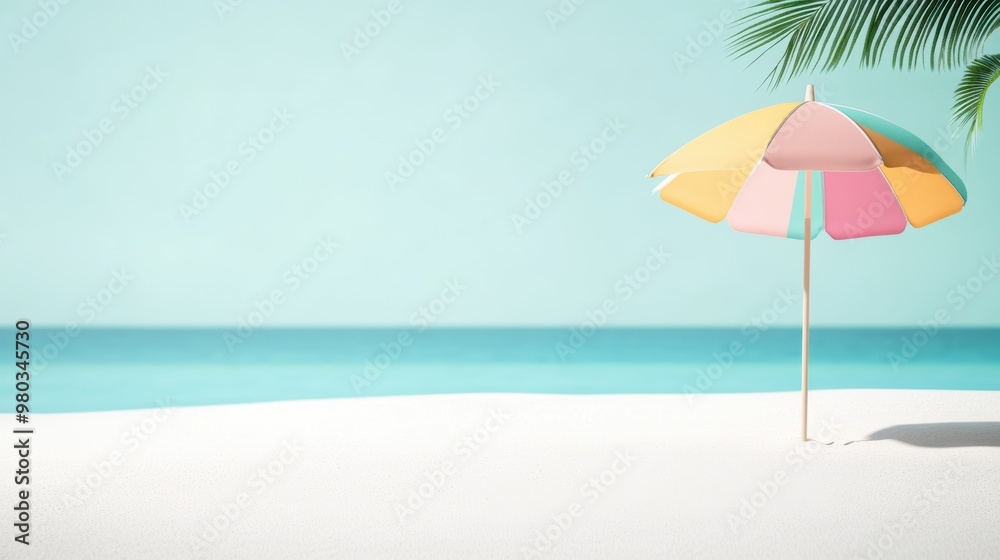 A colorful beach umbrella casting a shadow on the white sand, with a turquoise ocean and palm trees in the background.