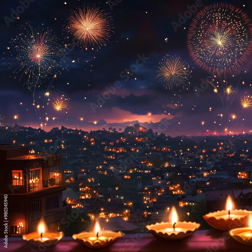 a city skyline or village during Diwali night, with colorful fireworks lighting up the sky photo