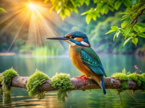 Vibrant kingfisher perched on a rustic wooden branch above a serene lake, its iridescent feathers glistening in the soft morning sunlight, surrounded by lush green foliage.