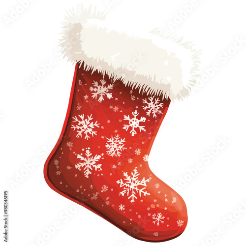 Simple vector clipart of a red Christmas stocking with white snowflakes