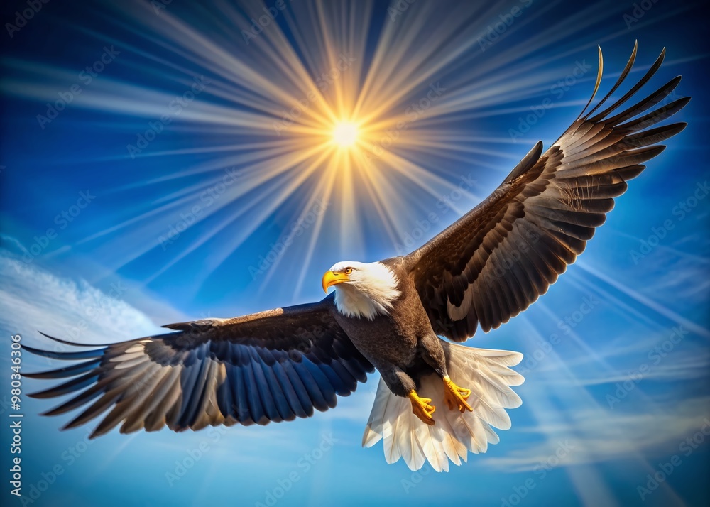 Fototapeta premium Majestic adult bald eagle soars through a clear blue sky, wings spread wide, feathers glistening in sunlight, freedom and power exuding from its regal presence.