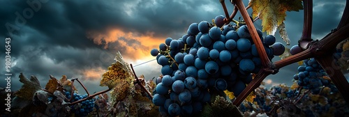 A cluster of ripe grapes still on the vine, set against a dark, cloudy sky as a storm approaches. The contrast between the deep, rich colors of the grapes photo