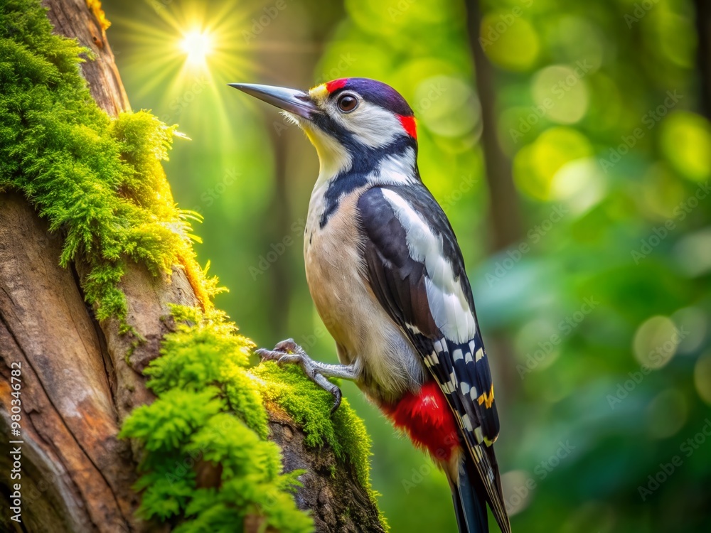 Vibrant woodpecker perched on rustic tree trunk, vibrant plumage glistening in dappled sunlight, busy pecking at insects amidst lush green forest surroundings.