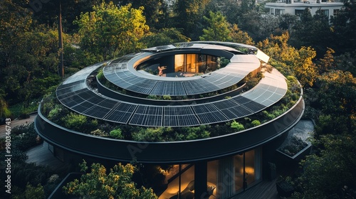 Rooftop with a spiraling circular solar panel arrangement, sleek black panels soaking up the sun's rays, sustainable futuristic cityscape