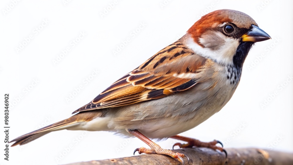 Fototapeta premium Small grey and brown sparrow with distinctive markings and bright black eyes perches alone on a transparent background, its tiny feathers and beak sharply defined.