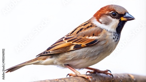 Small grey and brown sparrow with distinctive markings and bright black eyes perches alone on a transparent background, its tiny feathers and beak sharply defined.